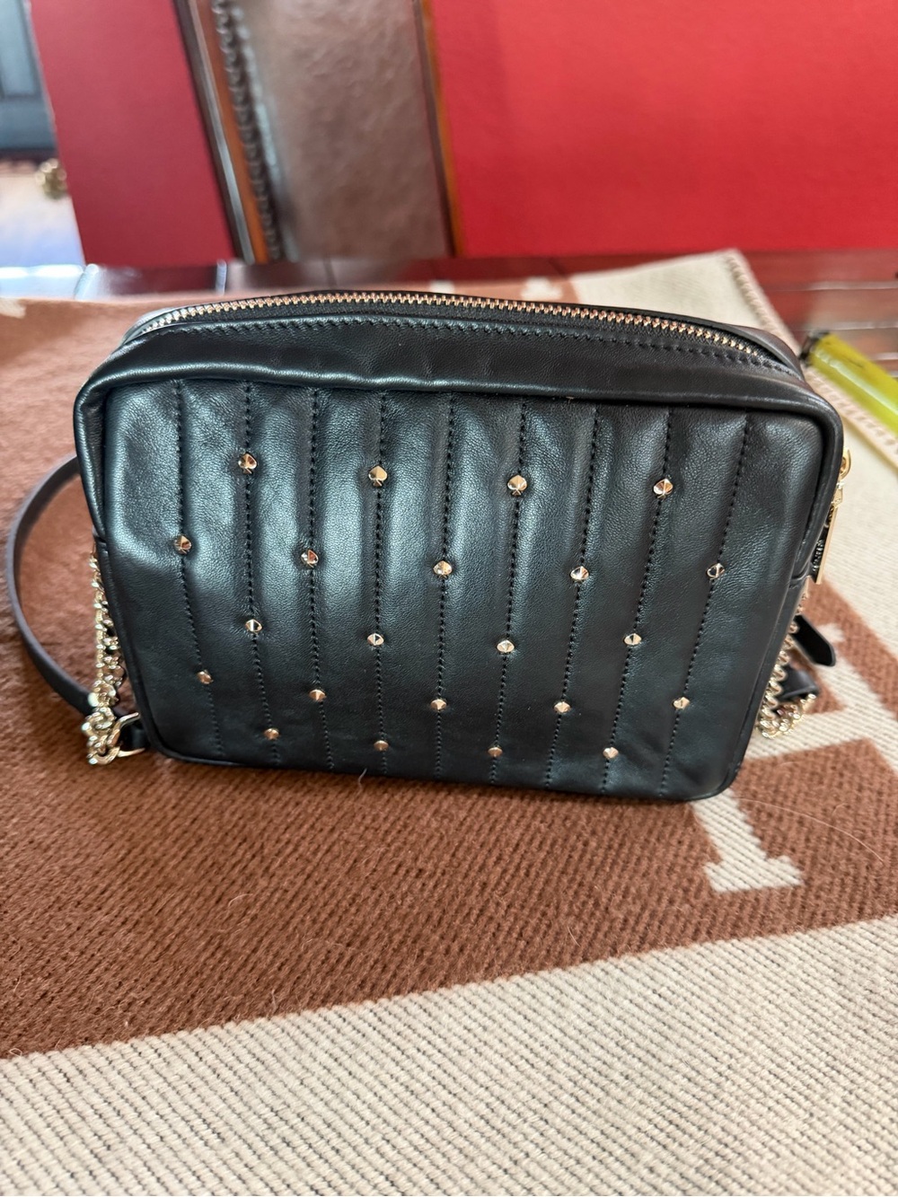 Kate Spade Black Quilted gold spade Studded Crossbody Bag -